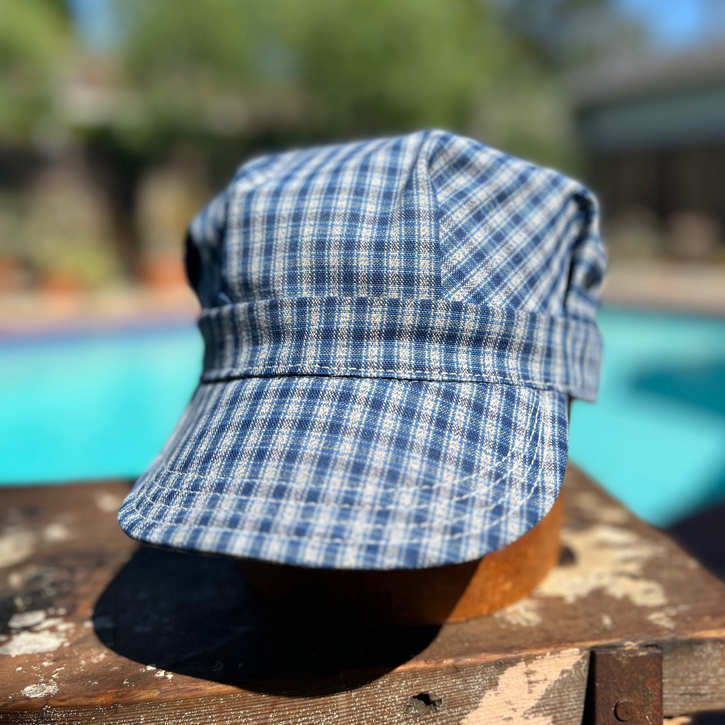 INDIGO PLAID CANVAS UTILITY CAP w/ BUCKLE BACK