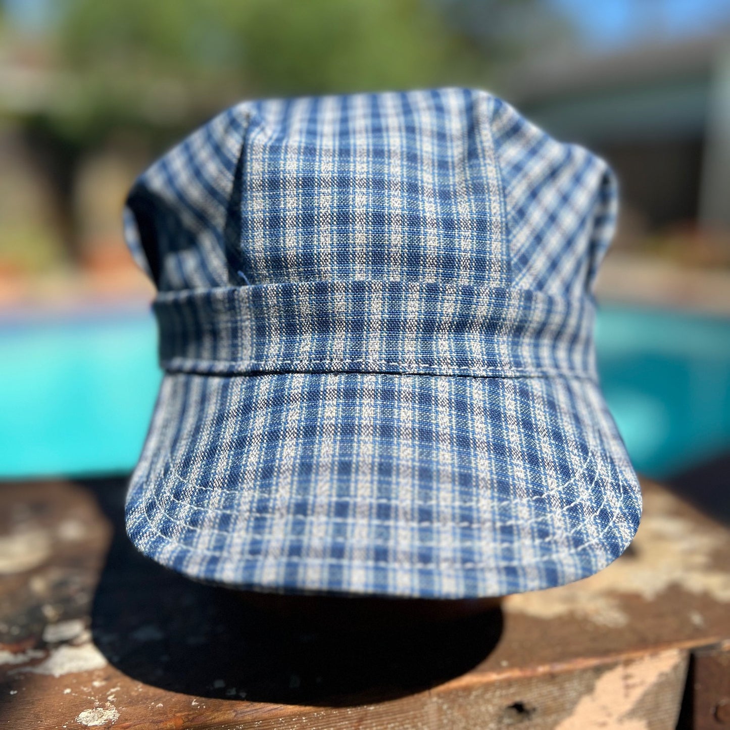 INDIGO PLAID CANVAS UTILITY CAP w/ BUCKLE BACK