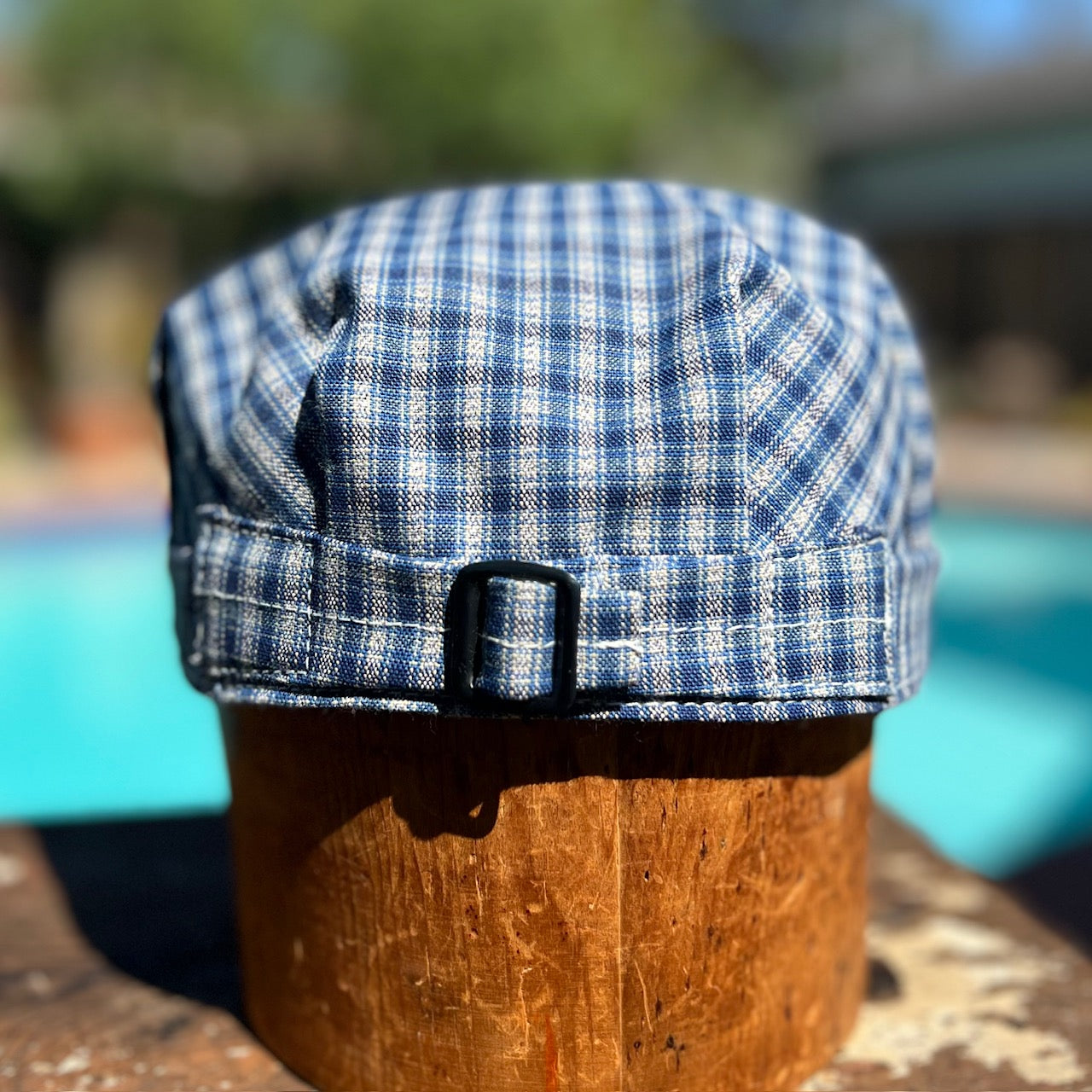 INDIGO PLAID CANVAS UTILITY CAP w/ BUCKLE BACK