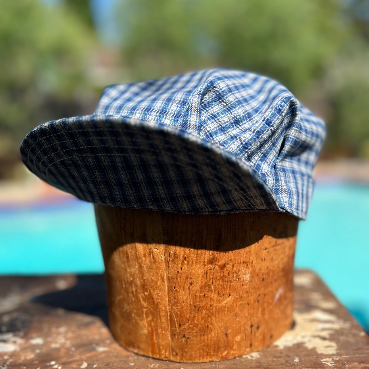 INDIGO PLAID CANVAS UTILITY CAP w/ BUCKLE BACK