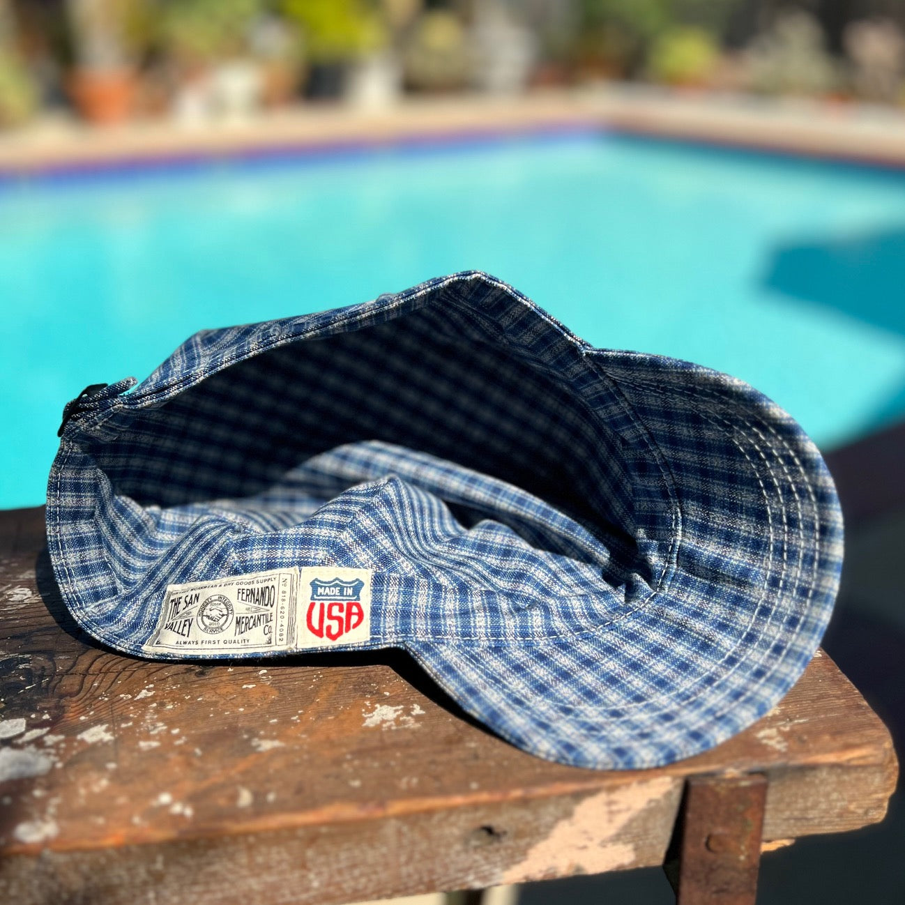 INDIGO PLAID CANVAS UTILITY CAP w/ BUCKLE BACK